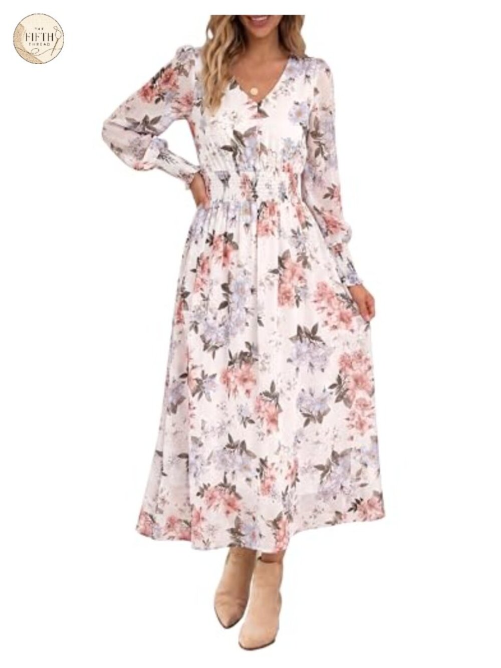 Women's Floral Maxi Dress with V-Neck and Bishop Sleeves